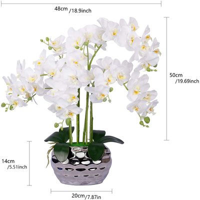 Artificial Orchid with Silver Vase Artificial Flowers Silk Orchids Faux Plant Phalaenopsis for Home